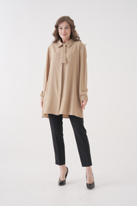 Oversized Long Sleeves Tie-Neck Tunic in Beige