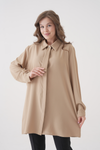 Oversized Long Sleeves Tie-Neck Tunic in Beige