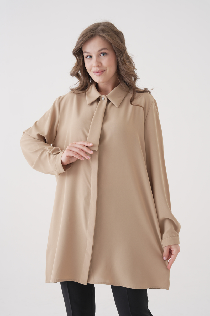 Oversized Long Sleeves Tie-Neck Tunic in Beige