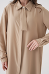 Oversized Long Sleeves Tie-Neck Tunic in Beige