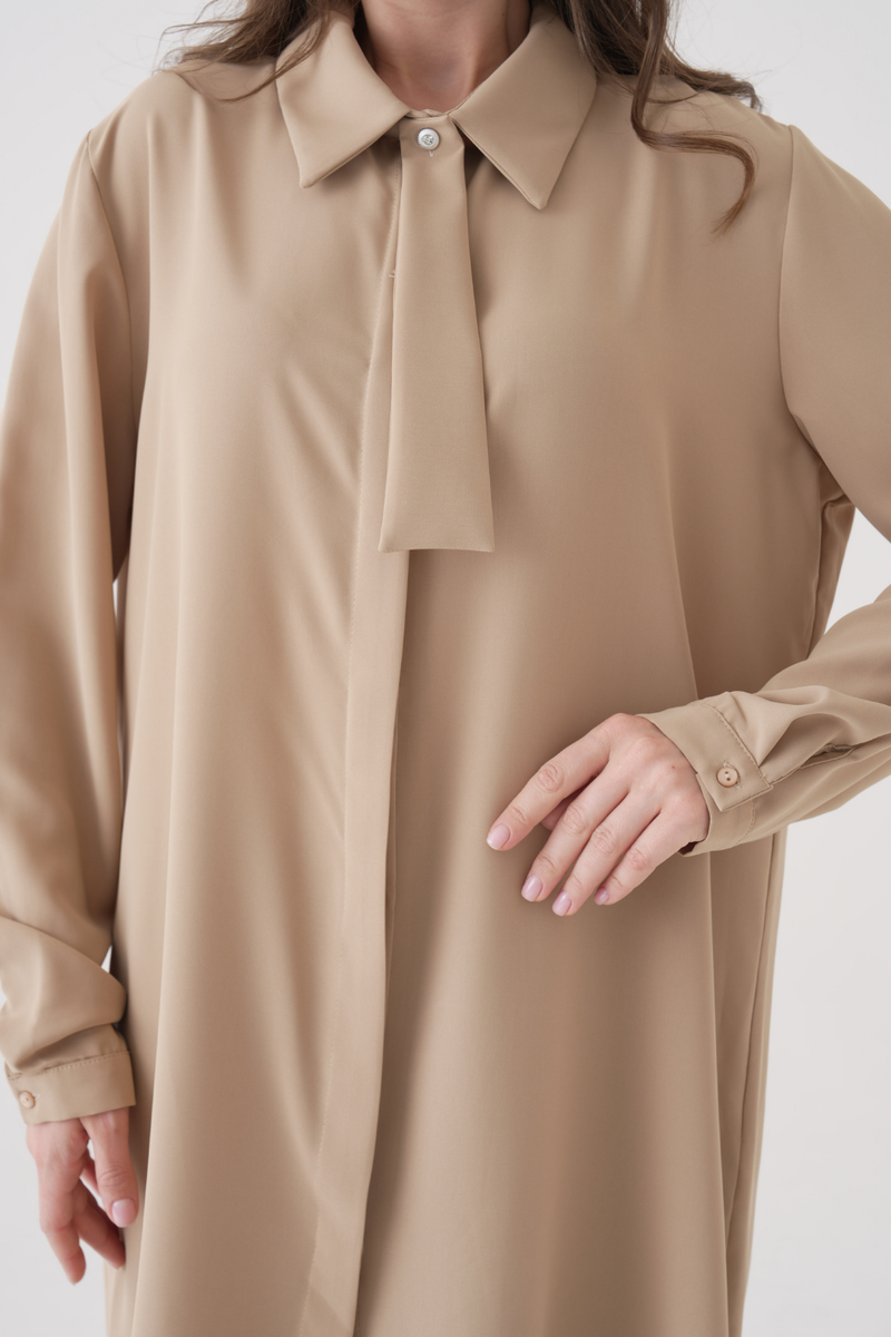 Oversized Long Sleeves Tie-Neck Tunic in Beige