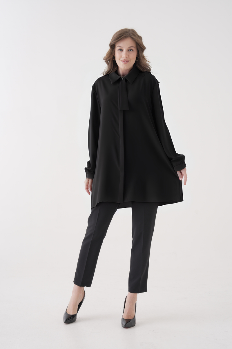 Oversized Long Sleeves Tie-Neck Tunic in Black