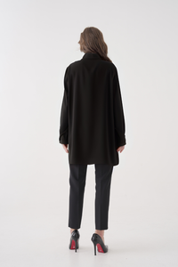 Oversized Long Sleeves Tie-Neck Tunic in Black