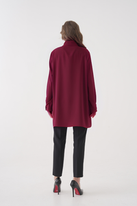 Oversized Long Sleeves Tie-Neck Tunic in Burgundy