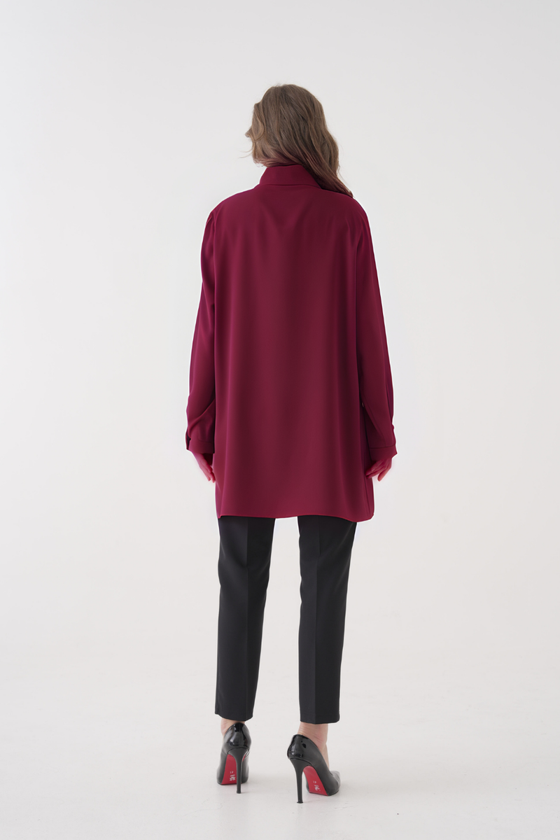 Oversized Long Sleeves Tie-Neck Tunic in Burgundy