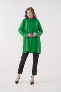 Oversized Long Sleeves Tie-Neck Tunic in Green
