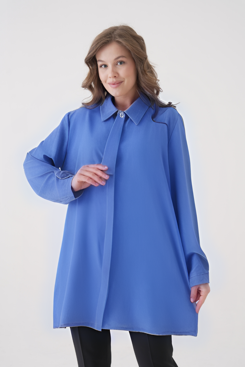 Oversized Long Sleeves Tie-Neck Tunic in Indigo
