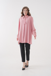 Oversized Long Sleeves Tie-Neck Tunic in Pink