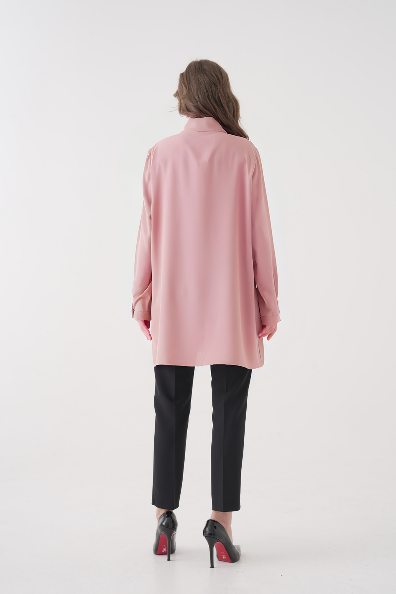 Oversized Long Sleeves Tie-Neck Tunic in Pink