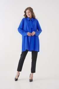 Oversized Long Sleeves Tie-Neck Tunic in Royal Blue