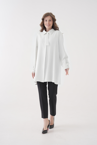Oversized Long Sleeves Tie-Neck Tunic in White