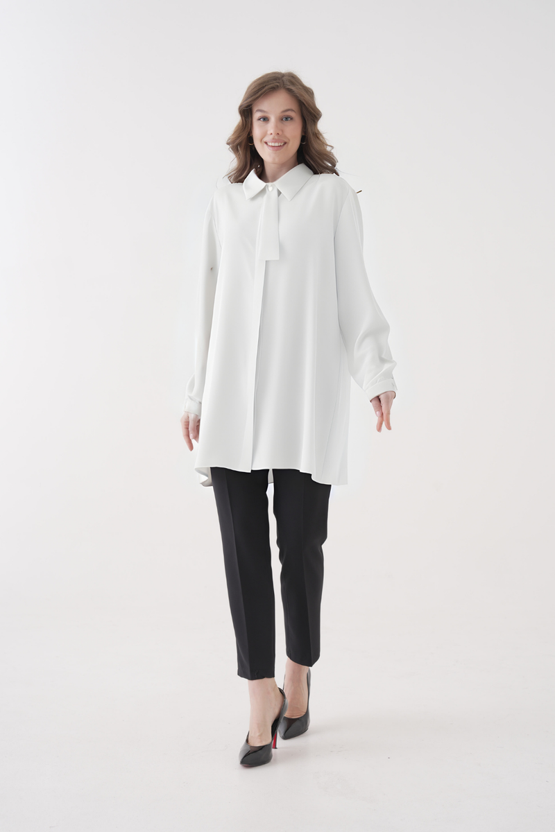 Oversized Long Sleeves Tie-Neck Tunic in White
