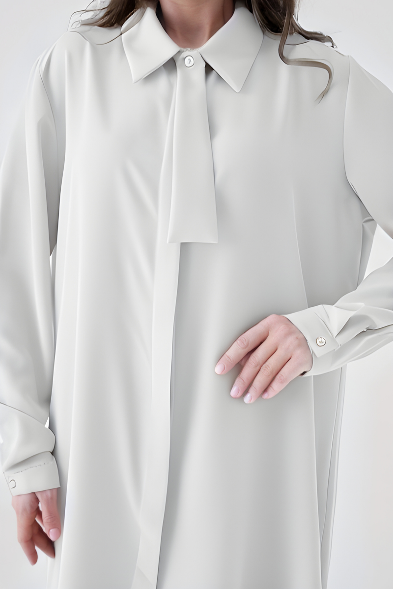 Oversized Long Sleeves Tie-Neck Tunic in White