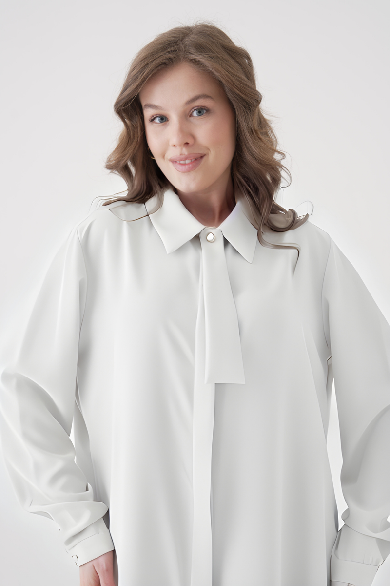 Oversized Long Sleeves Tie-Neck Tunic in White