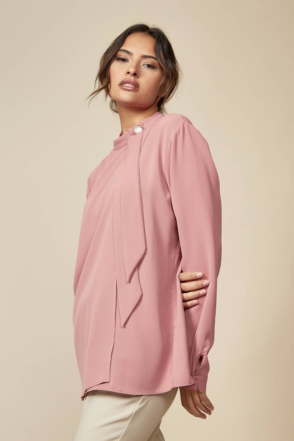 Relaxed Fit High Neck Top with Brooch Details in Pink