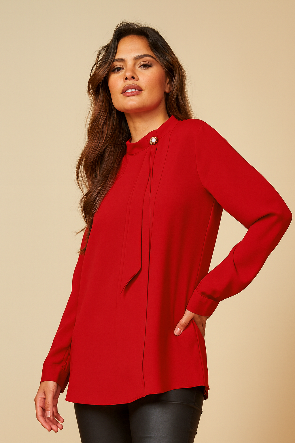 Oversized High Neck Top with Brooch Details