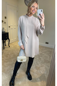 Oversized High Neck Tunic Top with Brooch Details in Beige