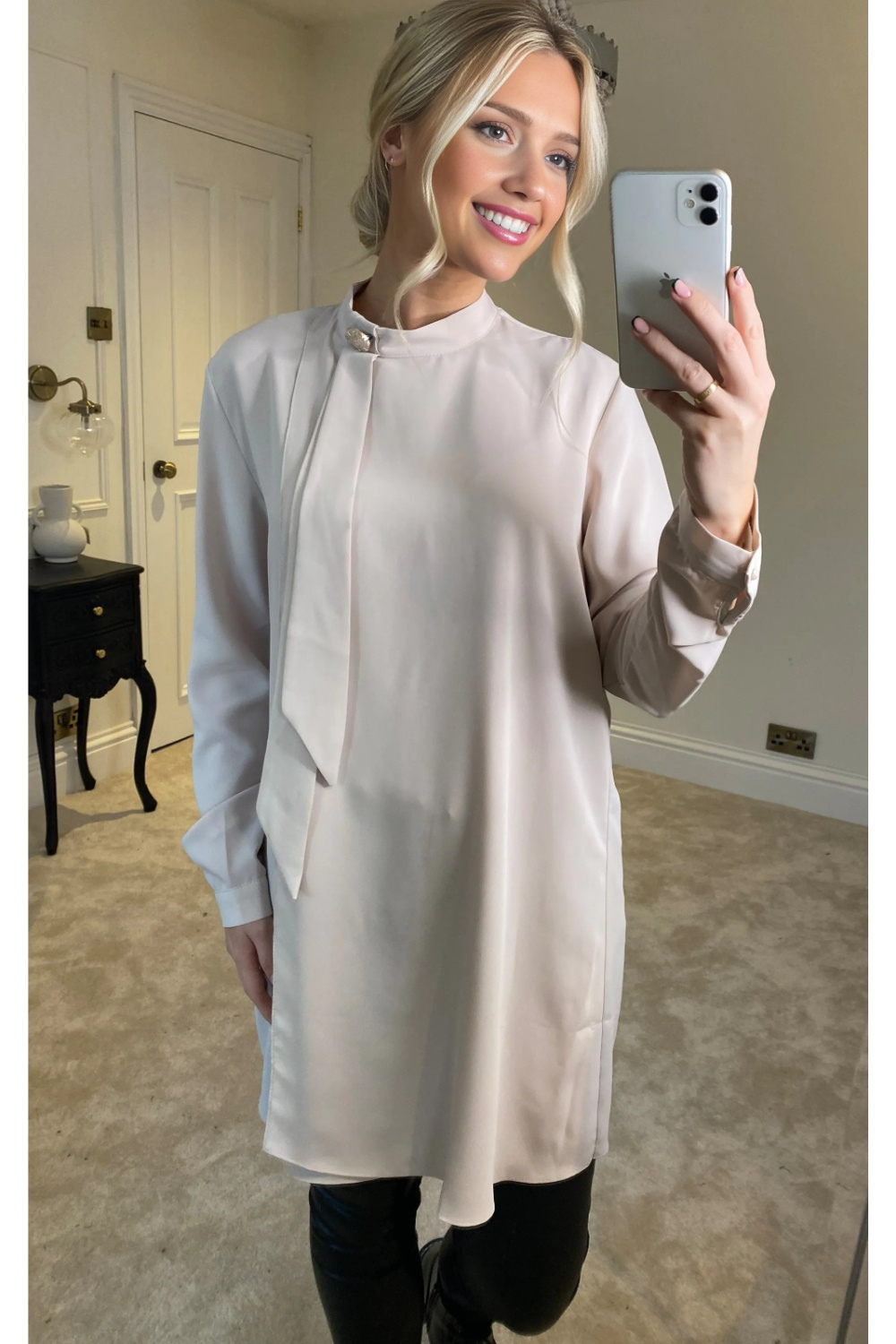Oversized High Neck Tunic Top with Brooch Details in Beige