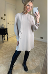 Oversized High Neck Tunic Top with Brooch Details in Beige