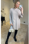 Oversized High Neck Tunic Top with Brooch Details in Beige