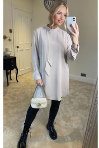 Oversized High Neck Tunic Top with Brooch Details in Beige