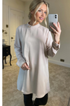 Oversized High Neck Tunic Top with Brooch Details in Beige
