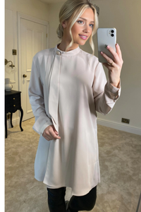 Oversized High Neck Tunic Top with Brooch Details in Beige