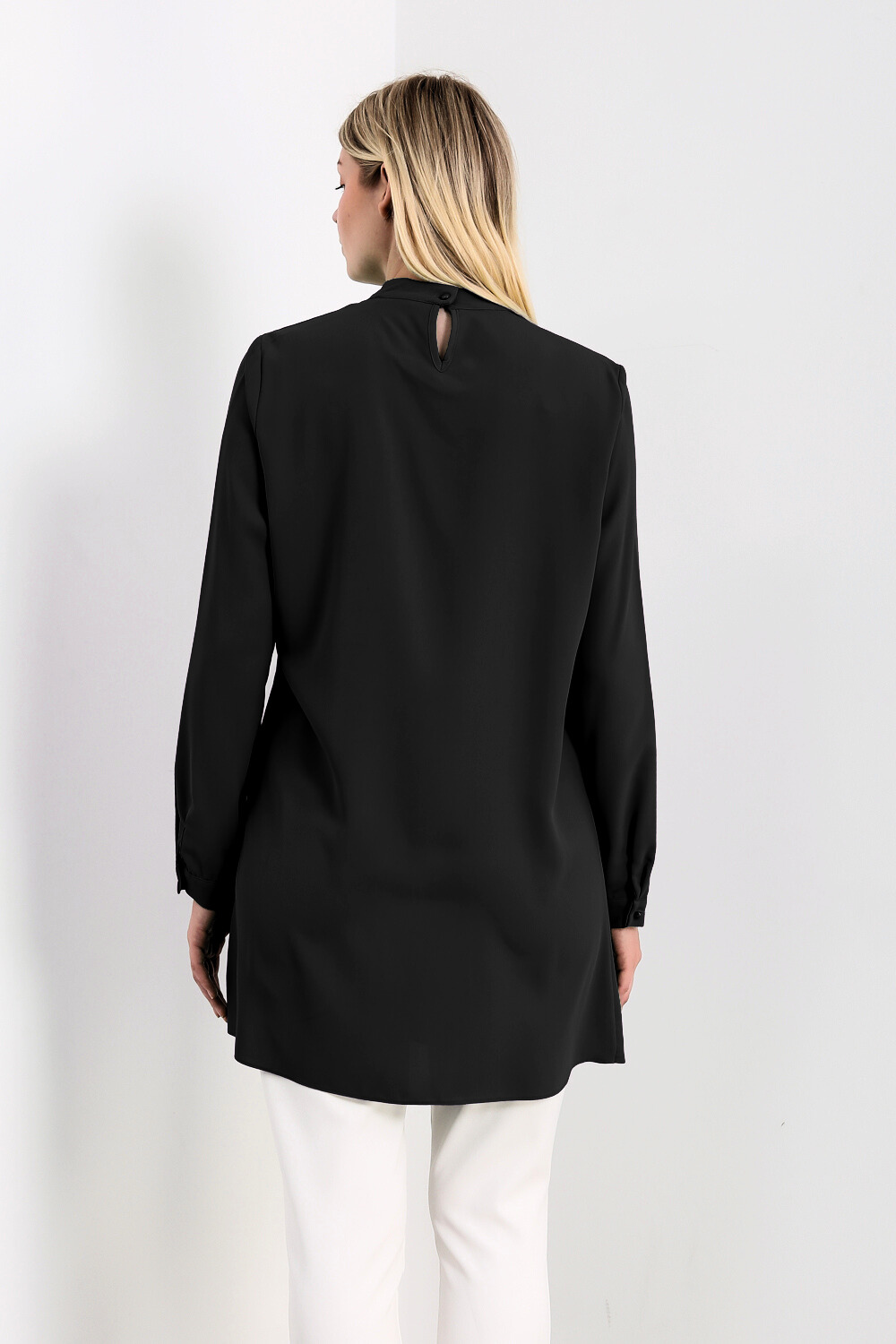 Oversized High Neck Tunic Top with Brooch Details in Black
