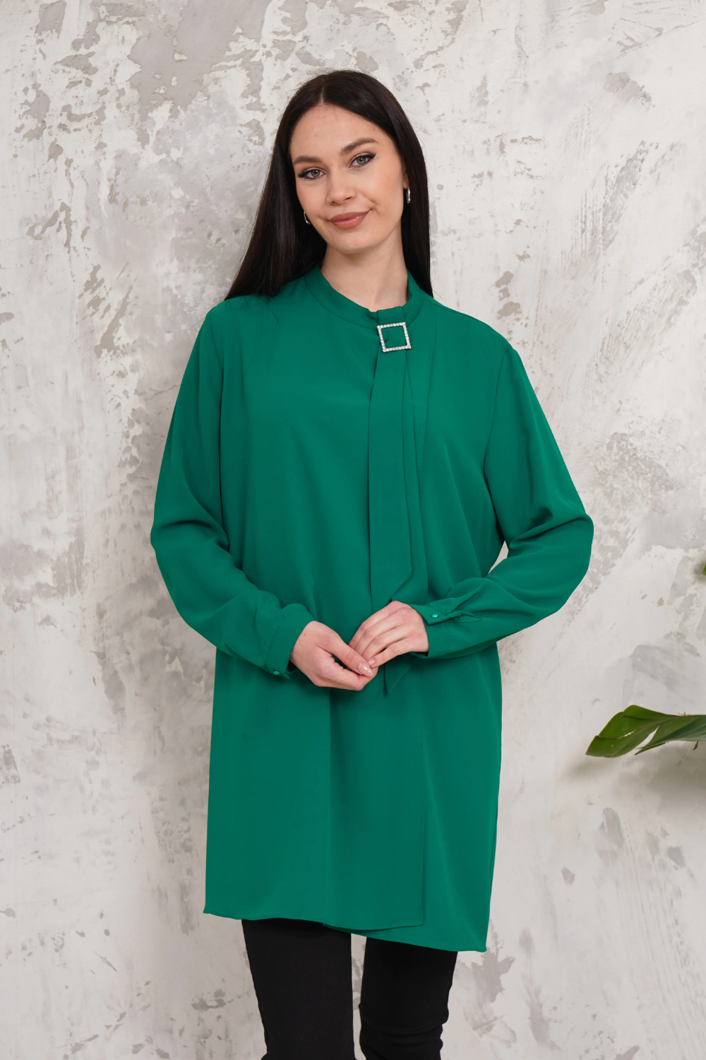 Oversized High Neck Tunic Top with Brooch Details in Dark Green