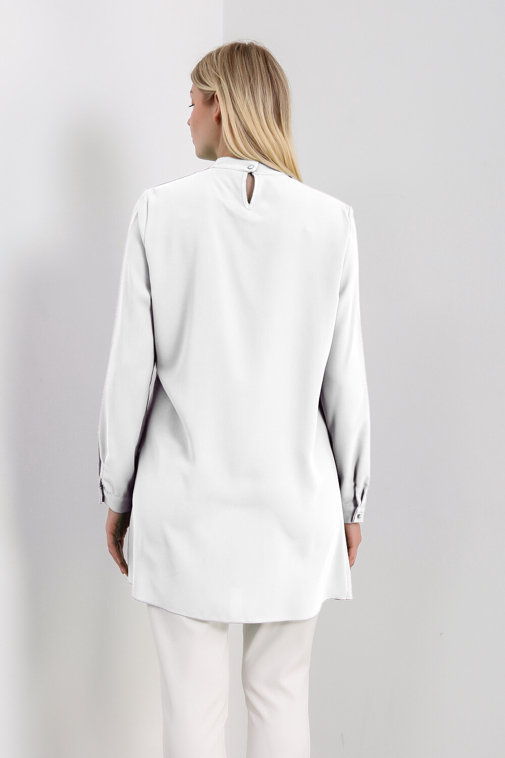 Oversized High Neck Tunic Top with Brooch Details in White