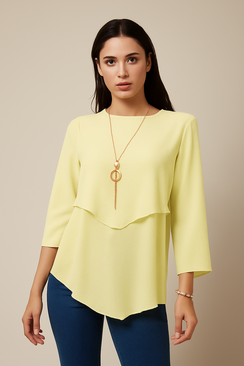 3/4 Sleeve Relaxed Layered Top With Necklace