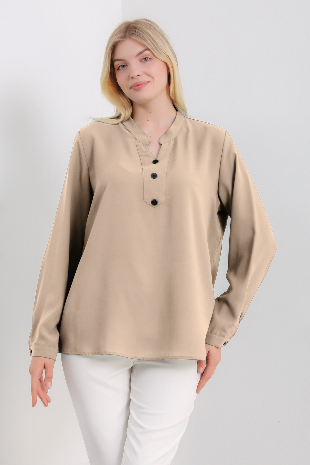 Oversized Long Sleeves Top with Button Details in Beige