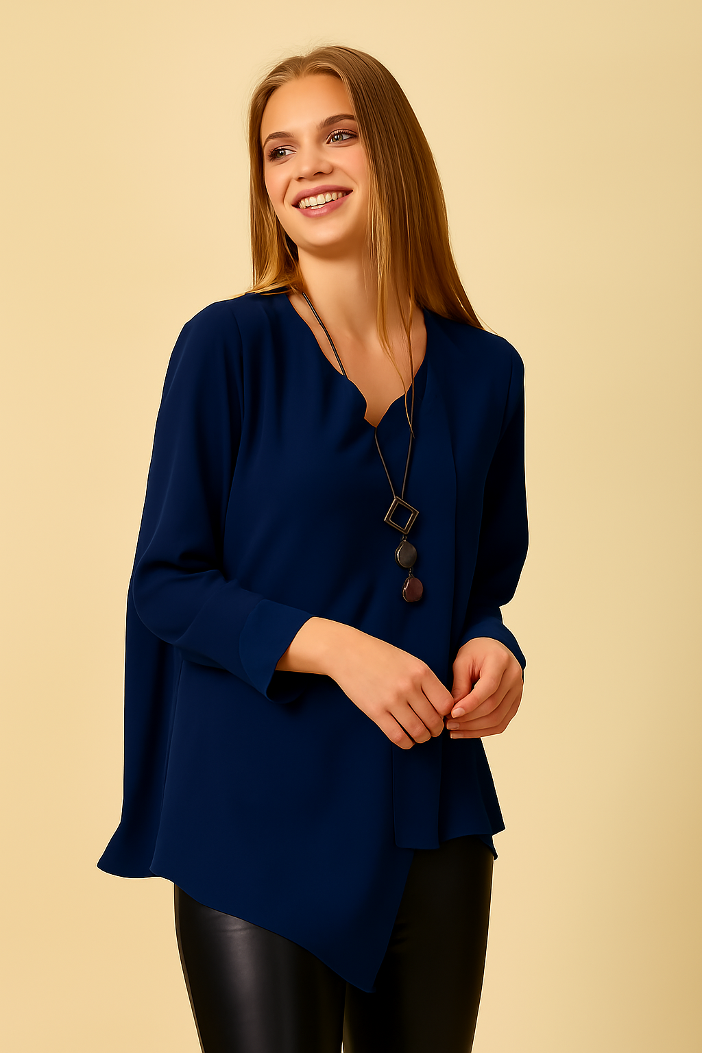 Oversized Asymmetric Top with Necklace in Navy