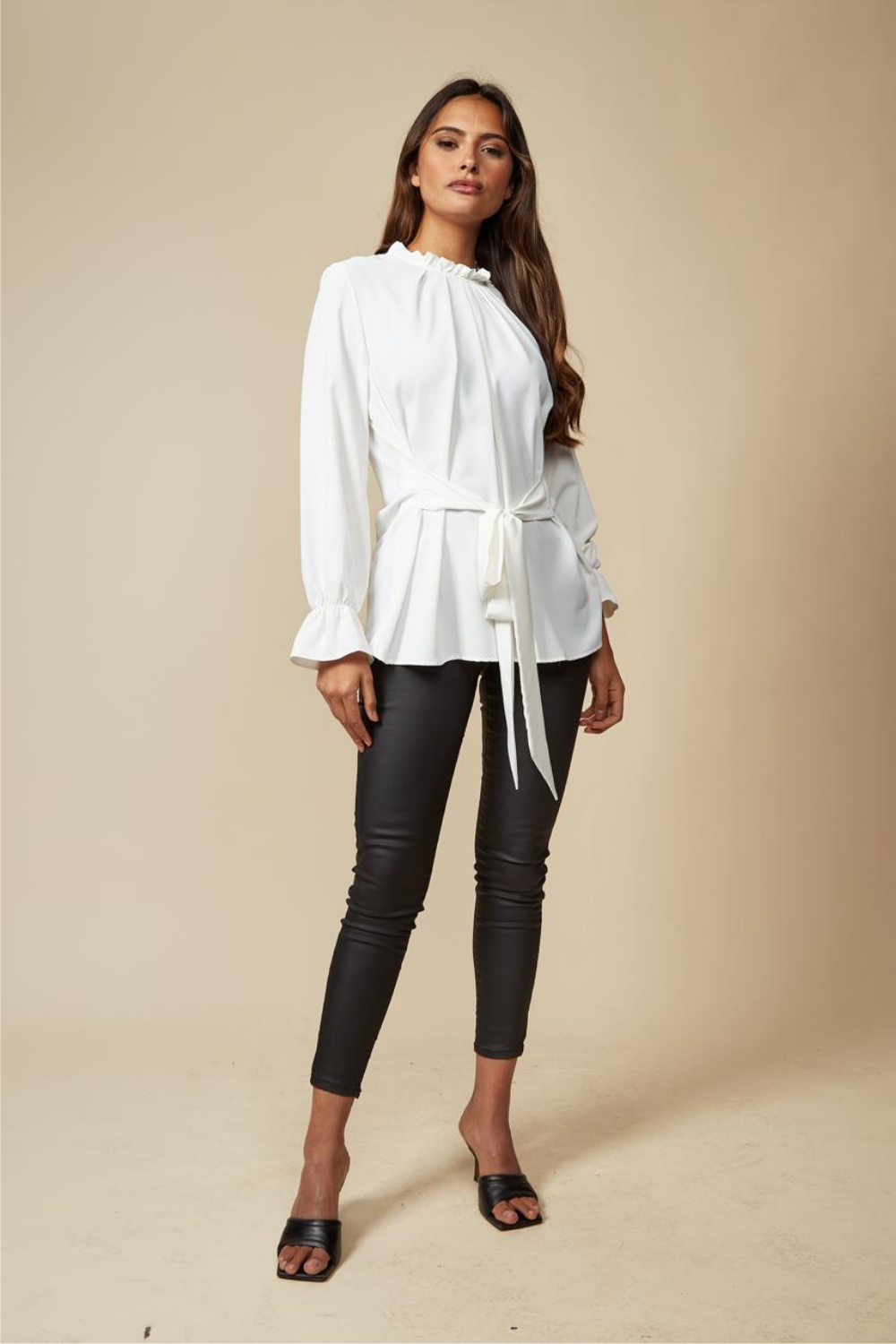 Oversized Tie Ruffle Neck Top with Tie Waist Detailed in White