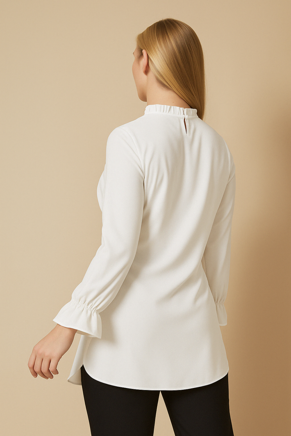 Oversized Ruffle Neck Top with Tie Waist Detailed in White