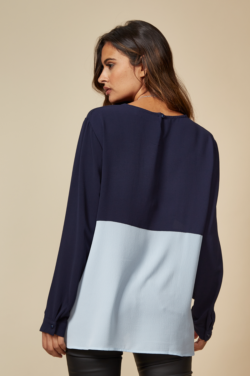 Colour Block Blouse in Navy and Blue