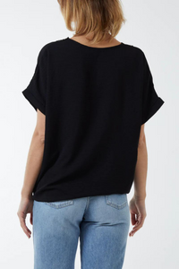 Oversized Short Sleeves Broderie and Sequin Detailed V Neck Blouse Top with Tie Detail in Black
