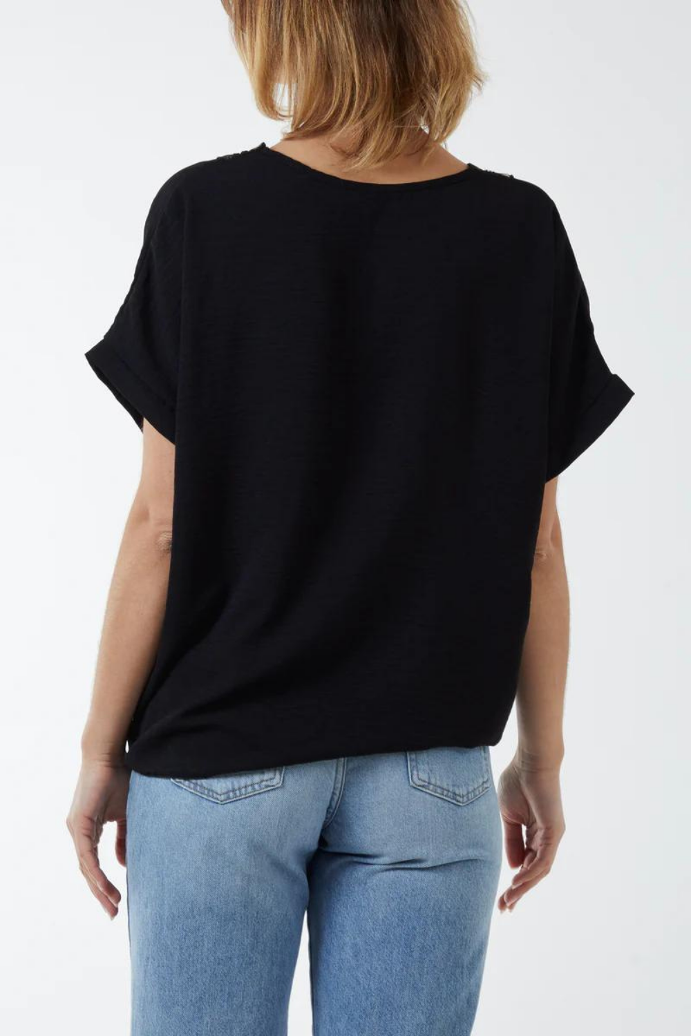 Oversized Short Sleeves Broderie and Sequin Detailed V Neck Blouse Top with Tie Detail in Black