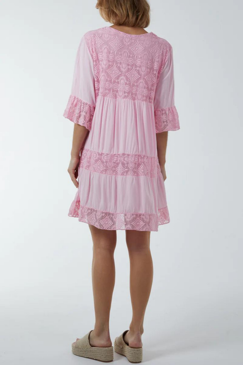 Oversized 3/4 Sleeves Lace Detailed V Neck Mini Dress in Pink