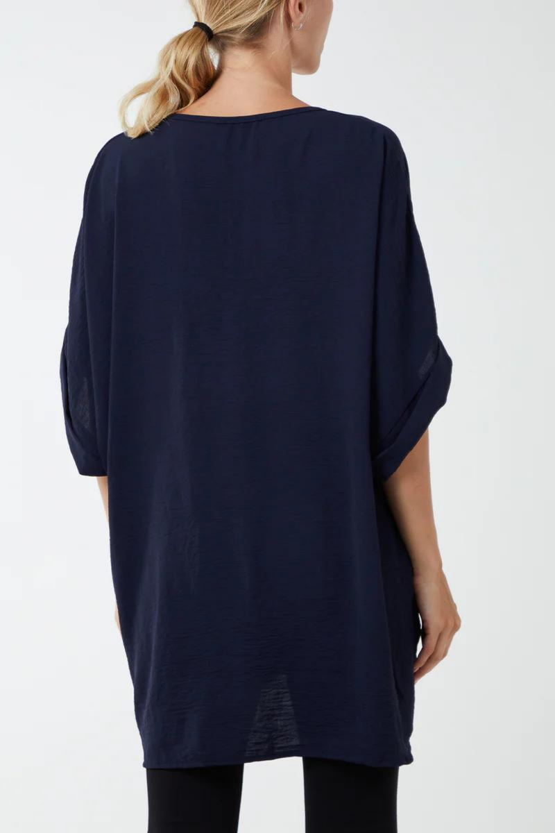 Oversized Short Sleeves Twist Front Cocoon Tunic Top in Navy