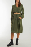 Loose Fit Long Sleeves V Neck Midi Dress with Matching Belt in Khaki