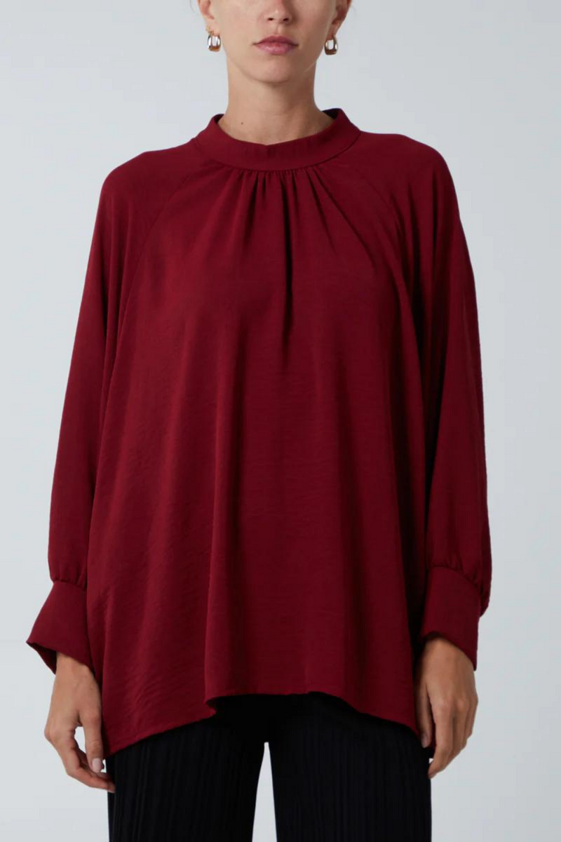 Oversized Batwing Long Sleeves Top with High Neck Detail in Burgundy