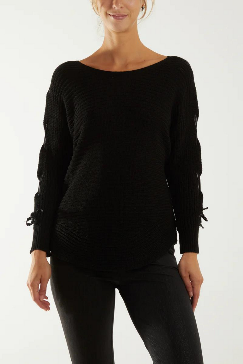 Oversized Knitted Long Sleeves Jumper with Ribbon Details in Black