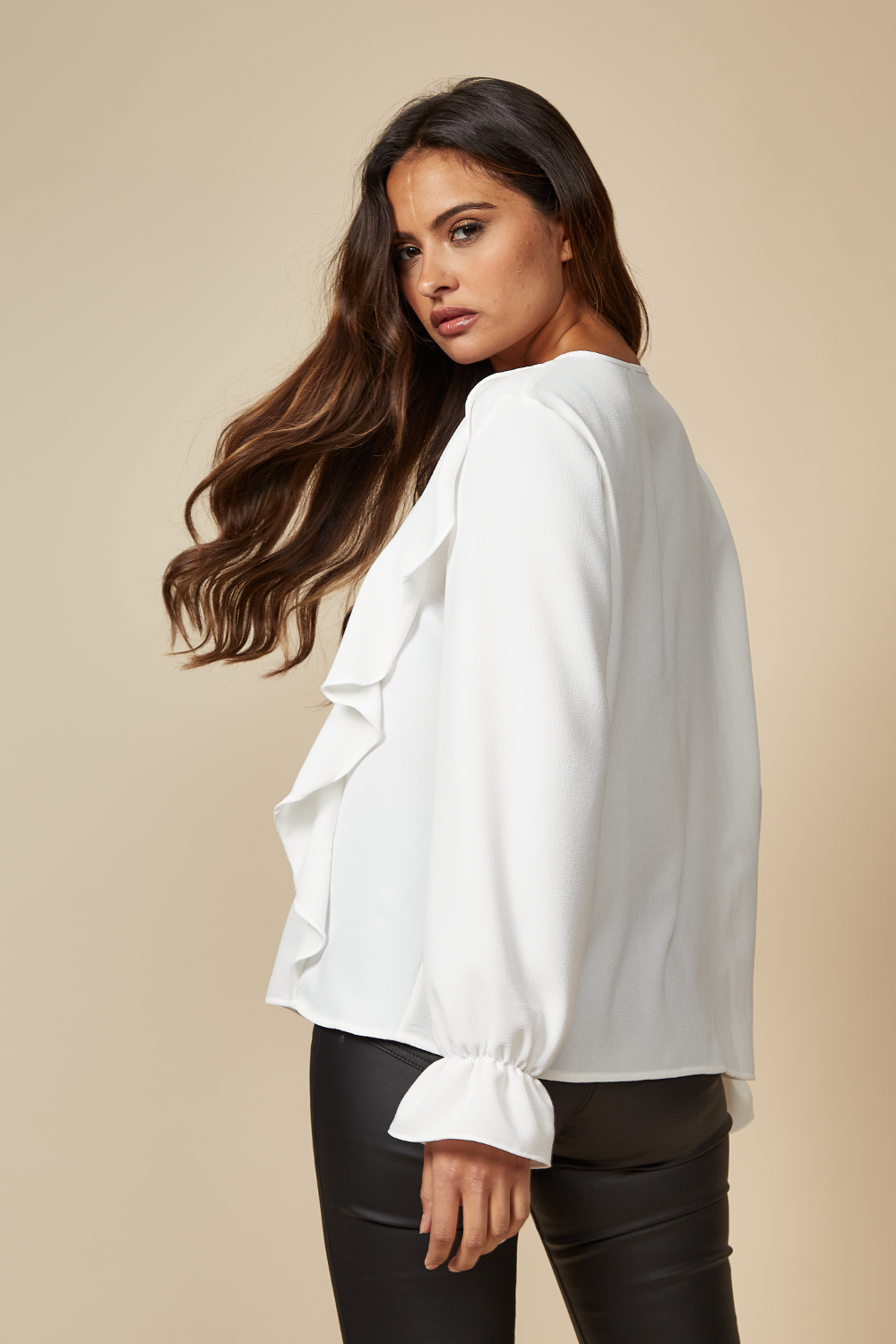 Oversized V Neck Top Ruffle Front Details in White