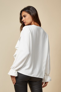 Oversized V Neck Top Ruffle Front Details in White