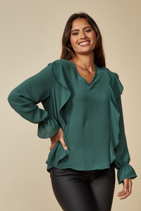 Oversized V Neck Top Ruffle Front Details in Green
