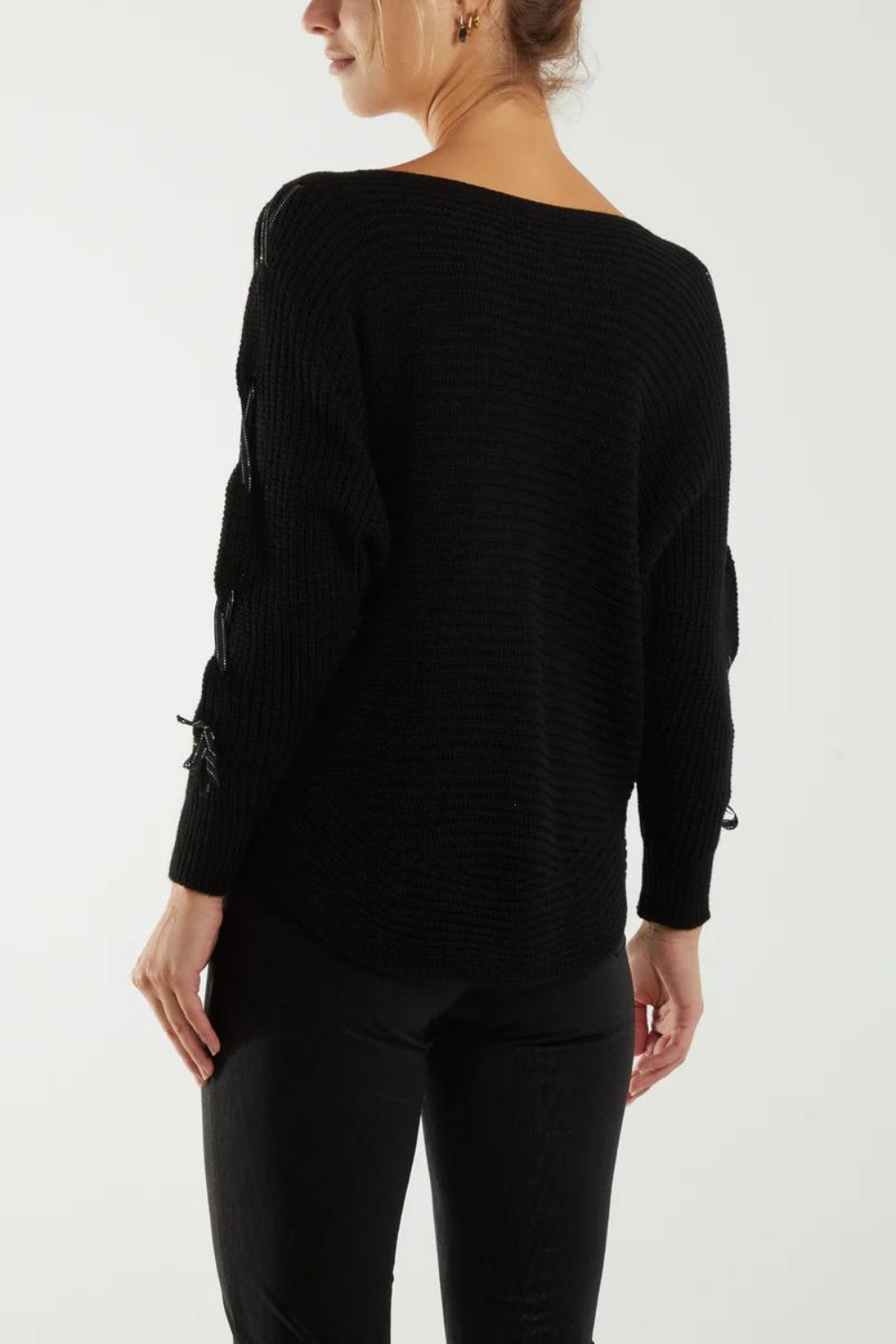 Oversized Knitted Long Sleeves Jumper with Ribbon Details in Black