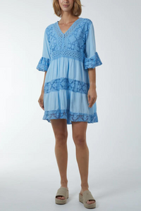 Oversized 3/4 Sleeves Lace Detailed V Neck Mini Dress in Baby Blue