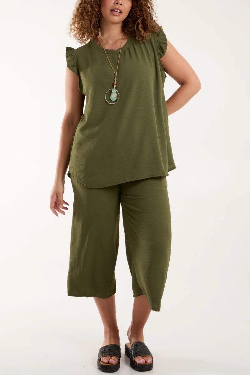 Frill Detailed Top & Wide Leg Trousers Co-Ord Set in Khaki