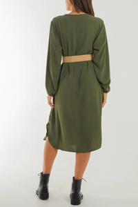 Loose Fit Long Sleeves V Neck Midi Dress with Matching Belt in Khaki